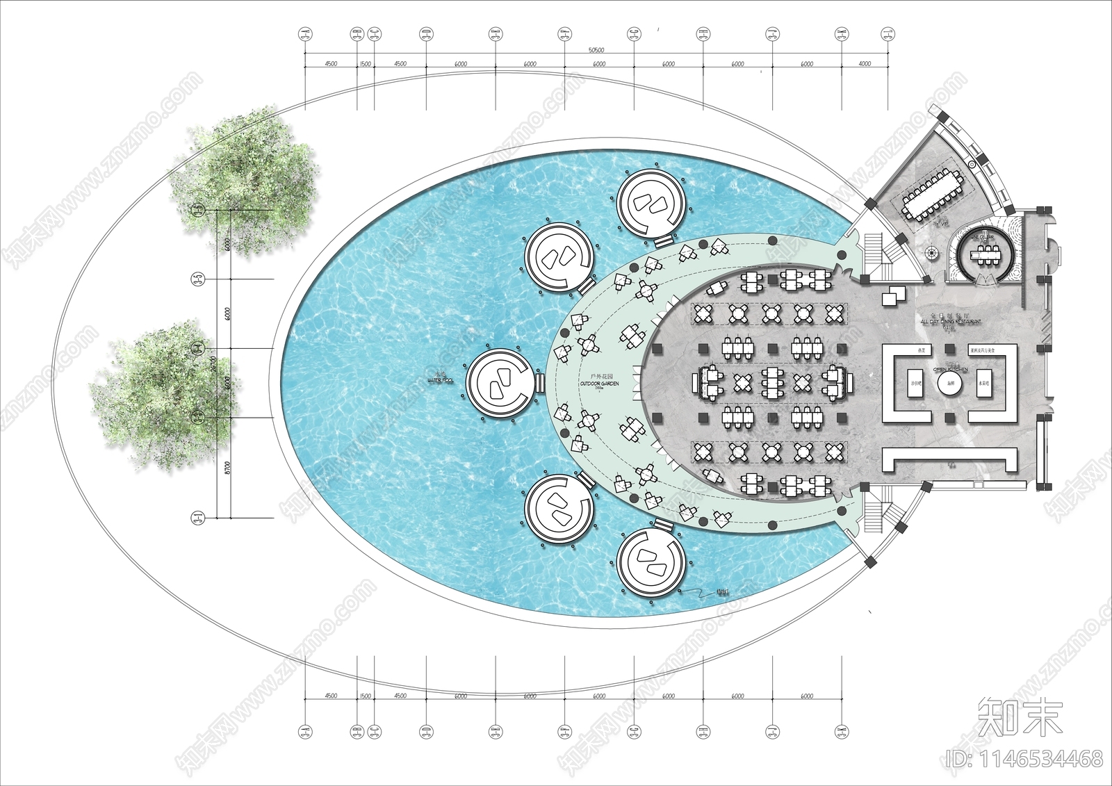 酒店自助餐厅室内平面图施工图下载【ID:1146534468】