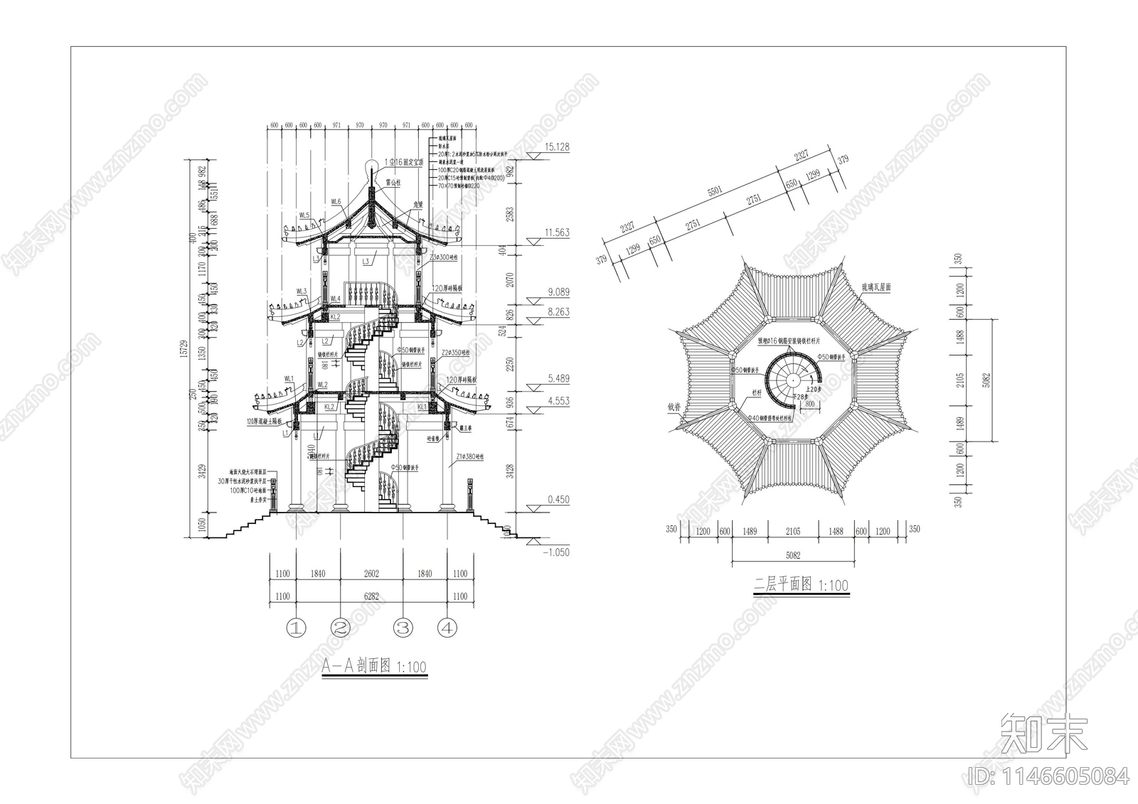 三层仿古六角亭cad施工图下载【ID:1146605084】