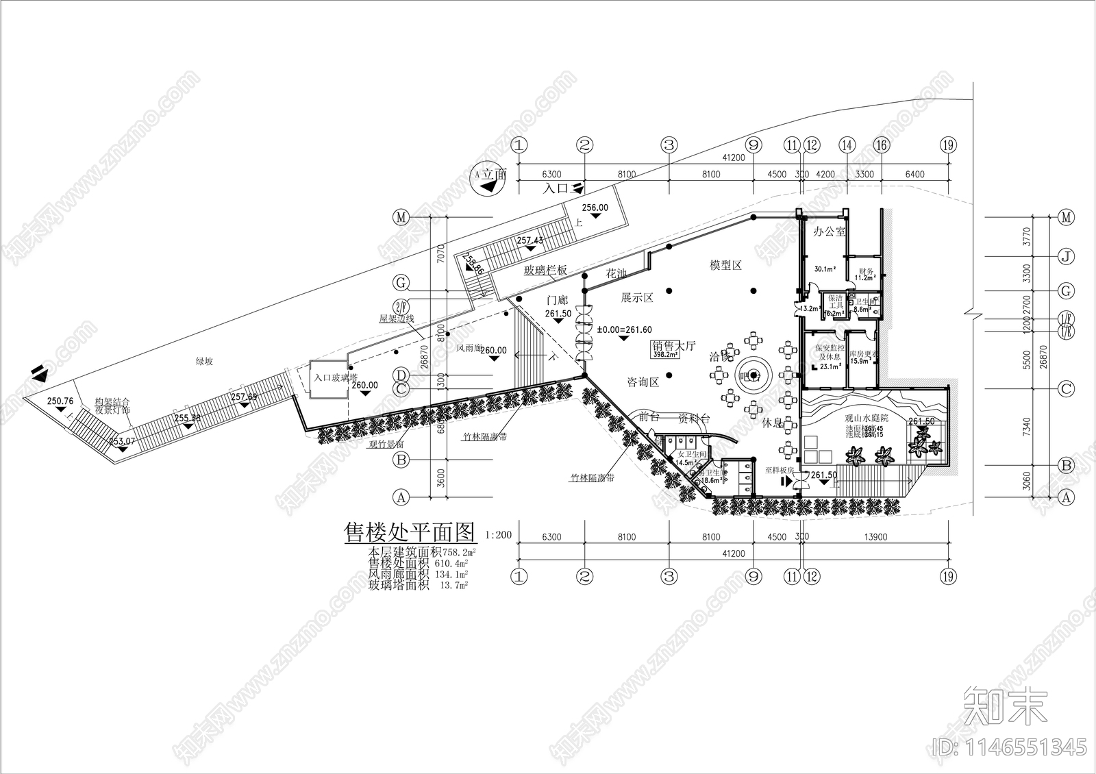 售楼部建筑cad施工图下载【ID:1146551345】