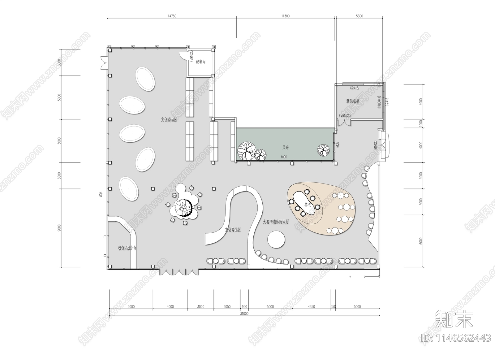 创意书吧平面布局施工图下载【ID:1146562443】