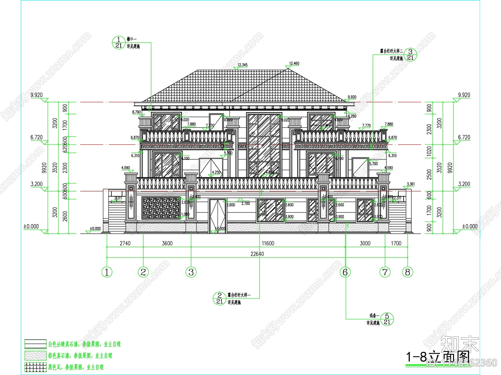 三层独栋别墅建筑cad施工图下载【ID:1146562360】