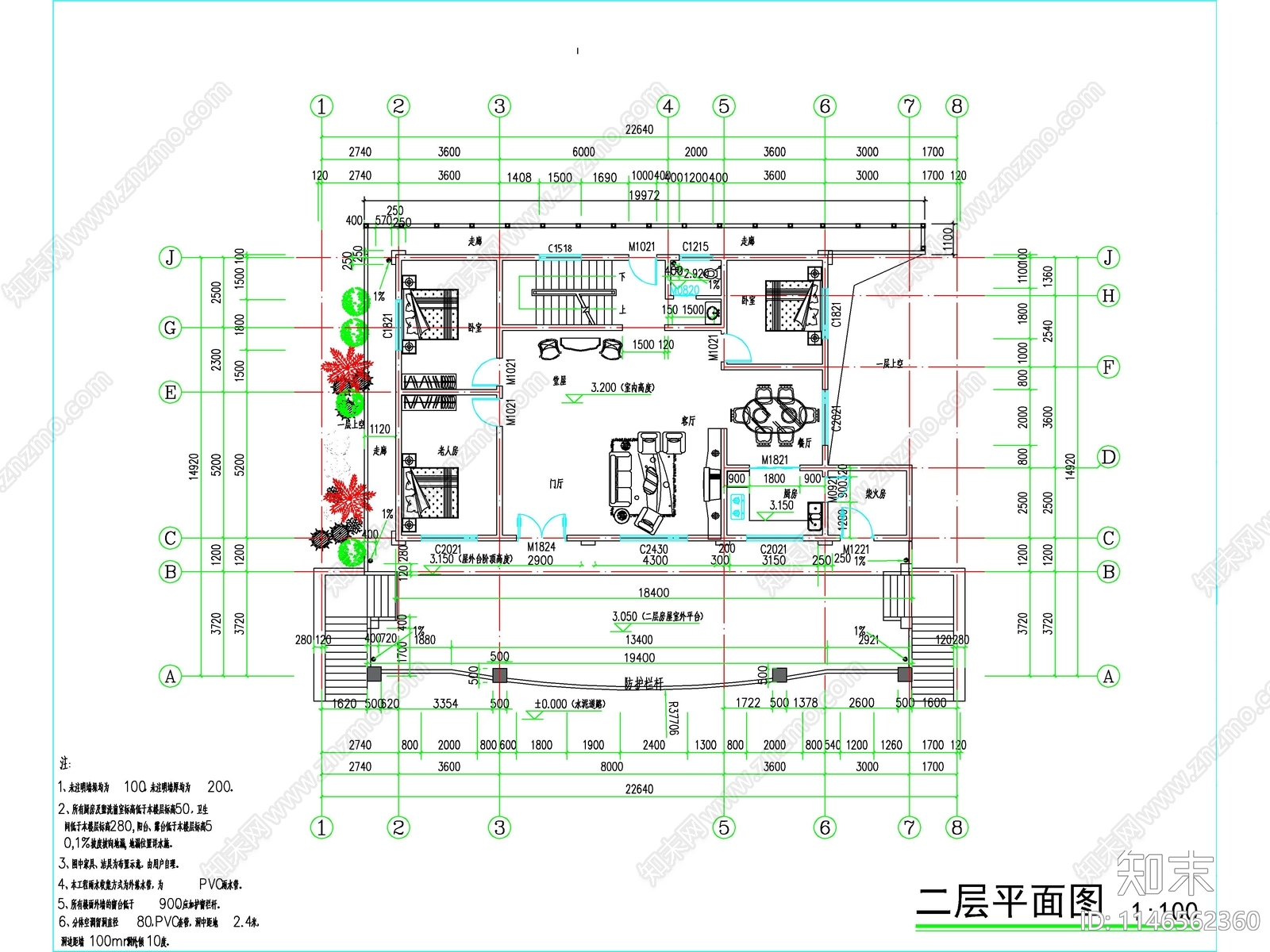 三层独栋别墅建筑cad施工图下载【ID:1146562360】