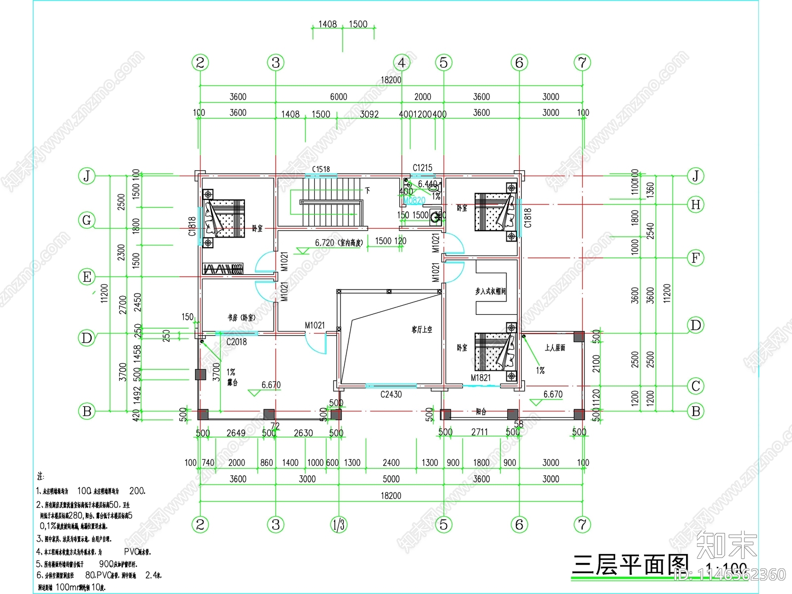 三层独栋别墅建筑cad施工图下载【ID:1146562360】