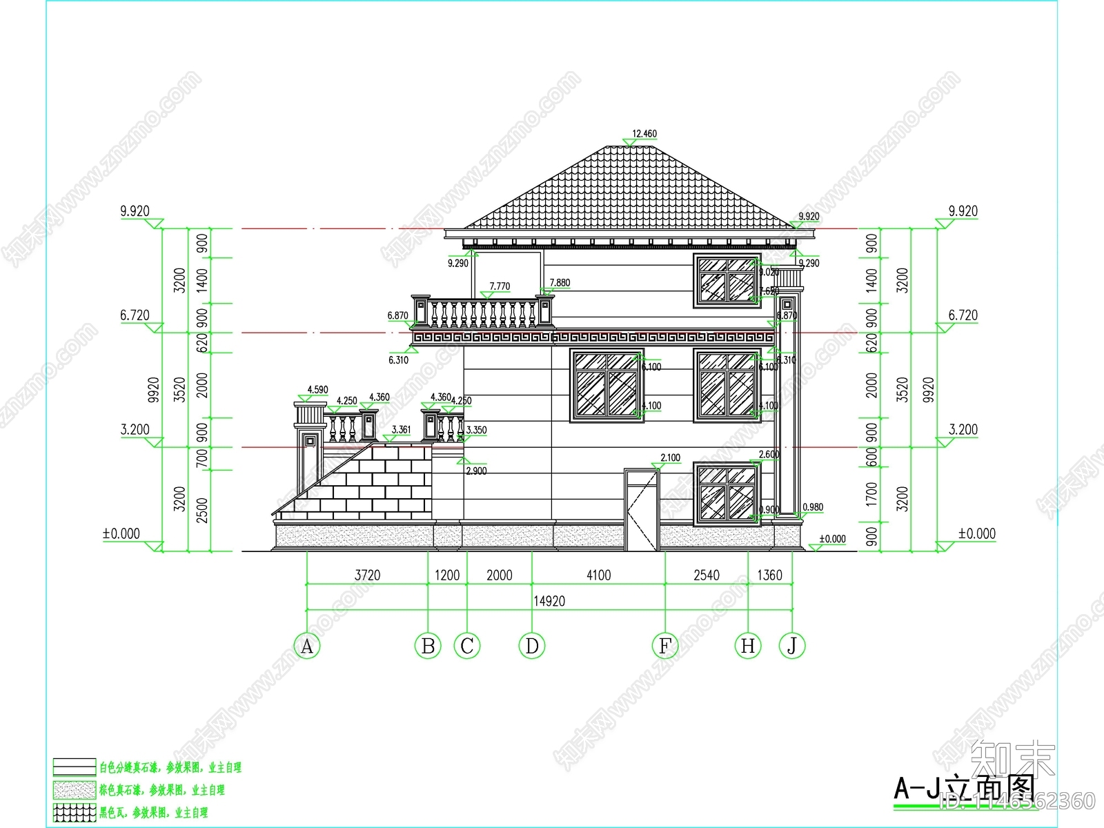 三层独栋别墅建筑cad施工图下载【ID:1146562360】