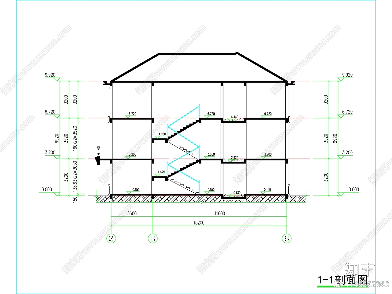 三层独栋别墅建筑cad施工图下载【ID:1146562360】