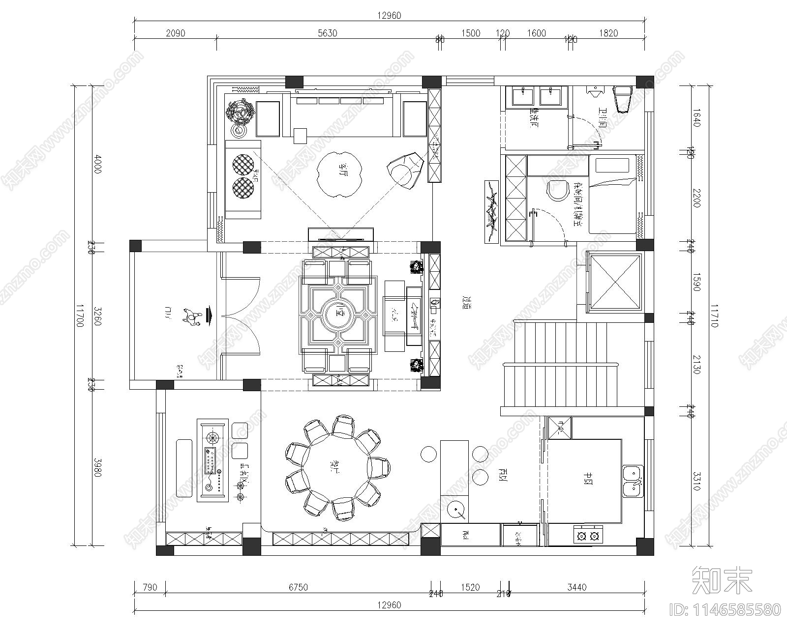 中式别墅平面施工图下载【ID:1146585580】