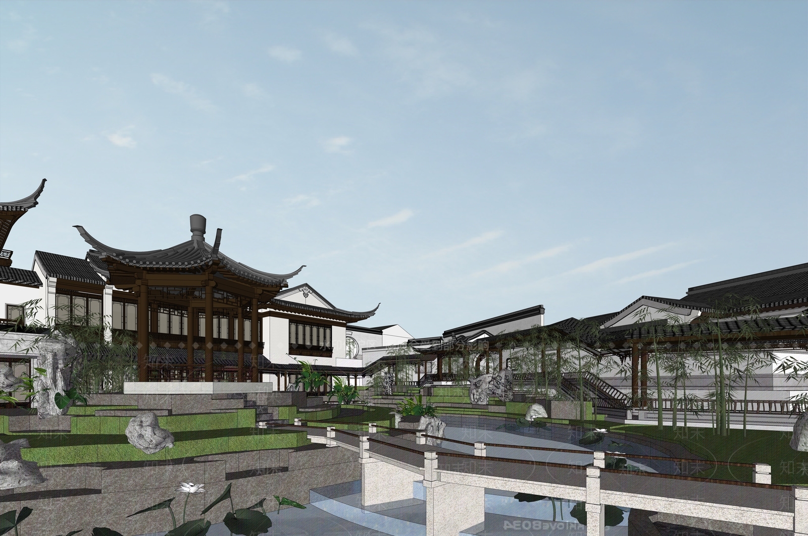 新中式展览馆建筑SU模型下载【ID:1146590947】