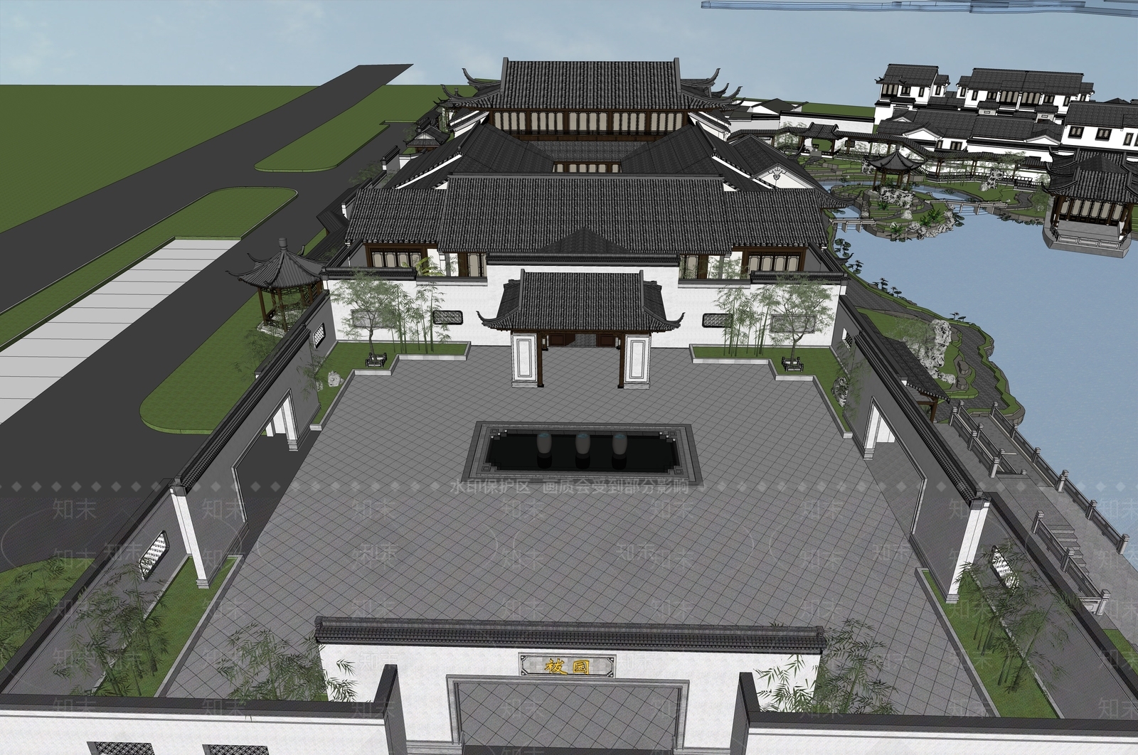 新中式展览馆建筑SU模型下载【ID:1146590947】