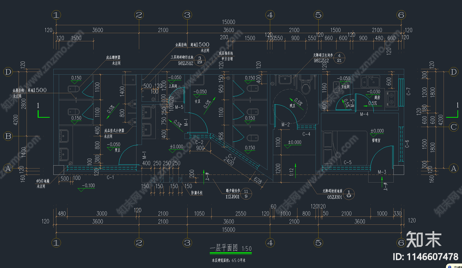 公共卫生间室内平面图施工图下载【ID:1146607478】