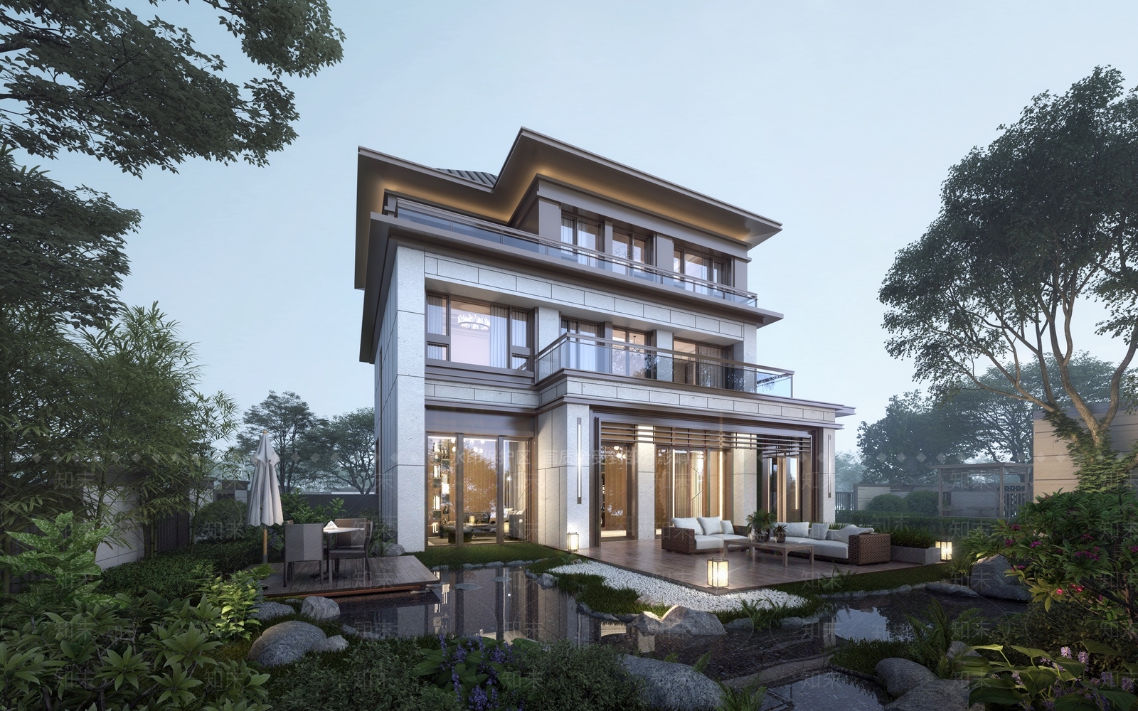 新中式坡屋顶别墅SU模型下载【ID:1146935676】