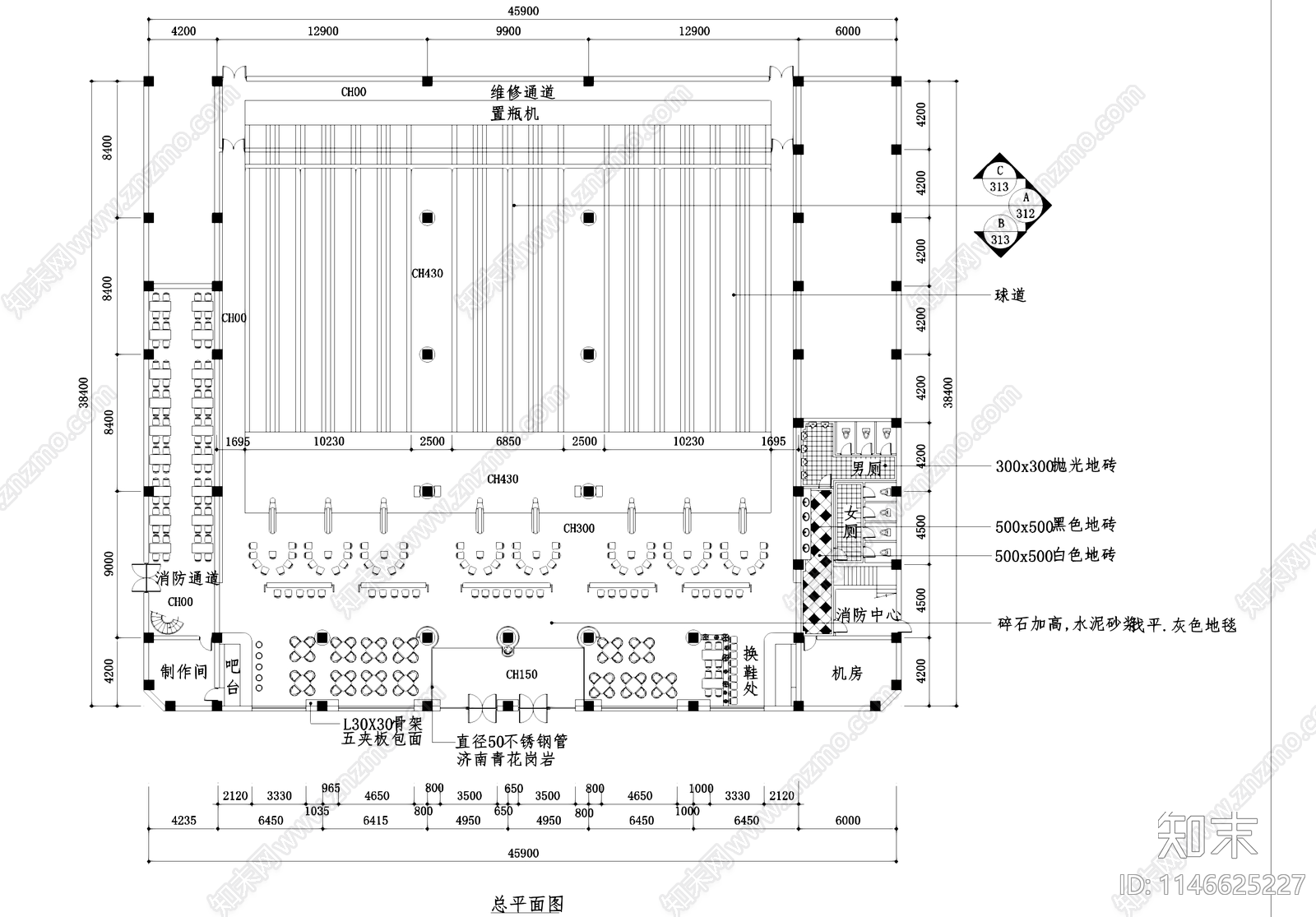 保龄球馆运动中心室内cad施工图下载【ID:1146625227】