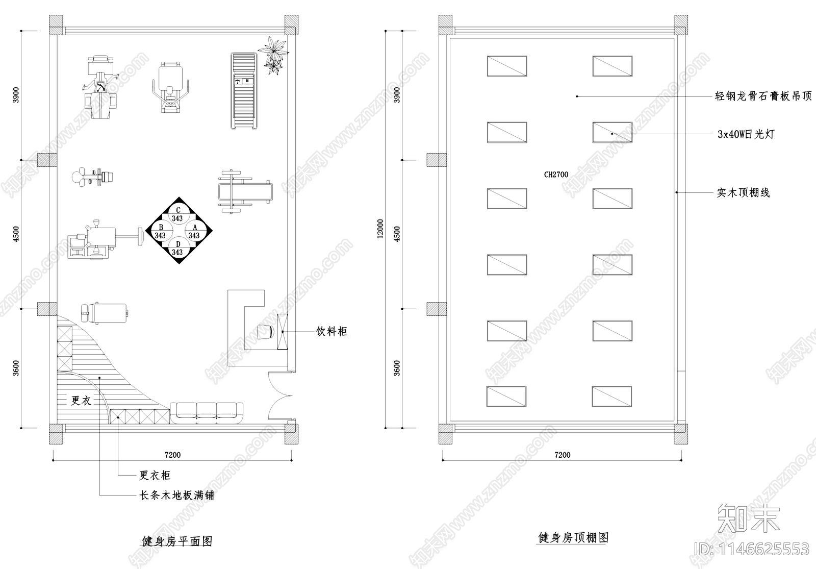 小型健身房室内工装施工图下载【ID:1146625553】