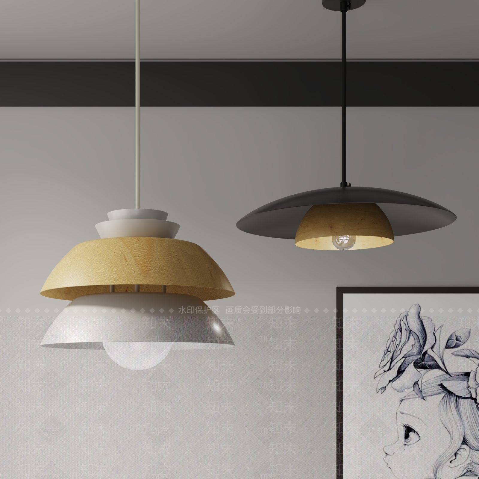 北欧木头吊灯3D模型下载【ID:1146627532】