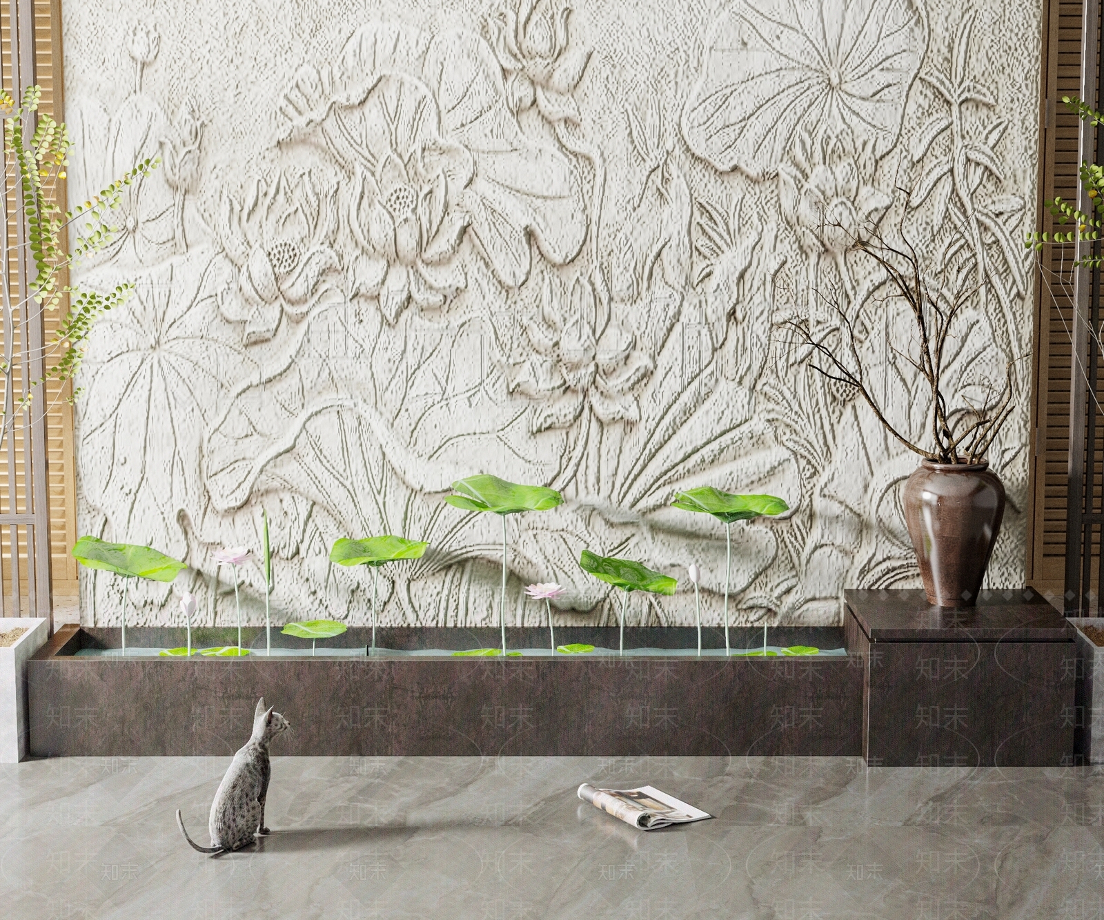 中式荷花浮雕墙SU模型下载【ID:1146647685】