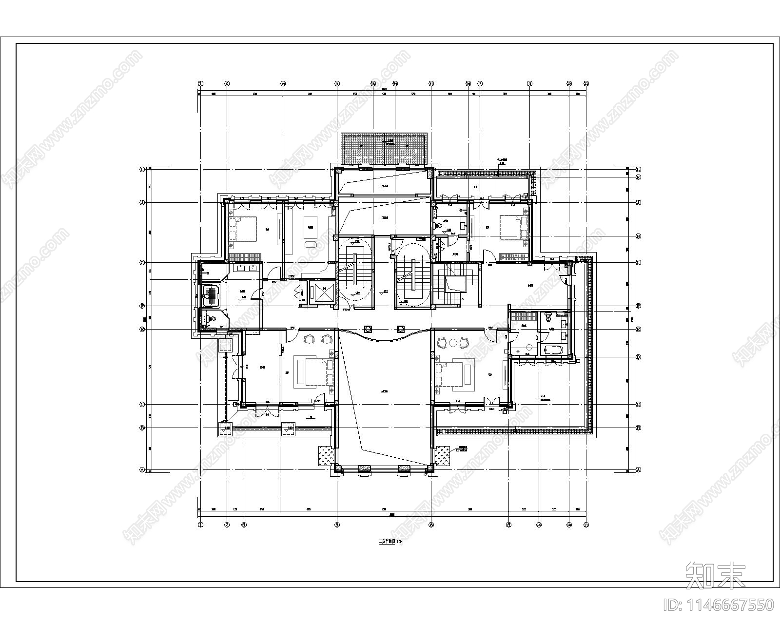 三层欧式别墅建筑cad施工图下载【ID:1146667550】