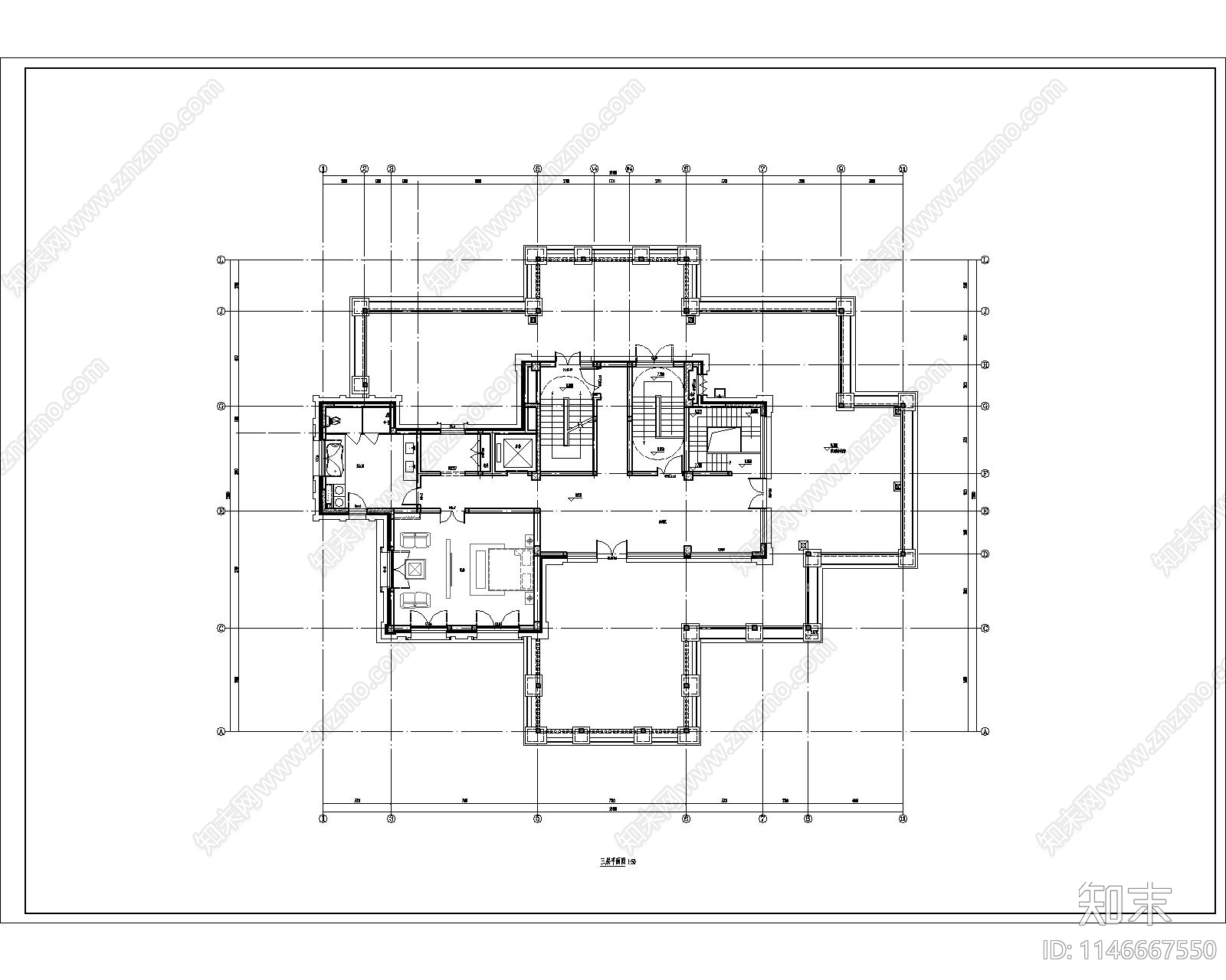 三层欧式别墅建筑cad施工图下载【ID:1146667550】