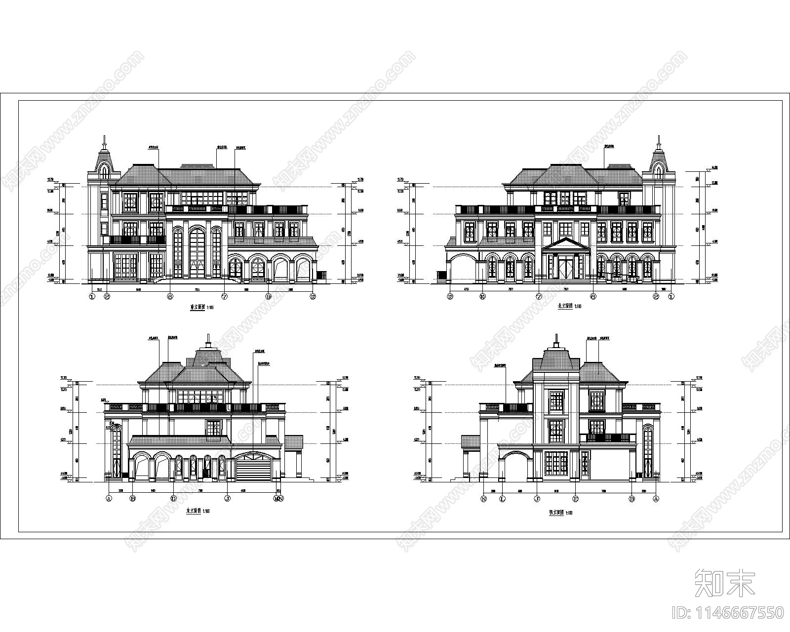 三层欧式别墅建筑cad施工图下载【ID:1146667550】