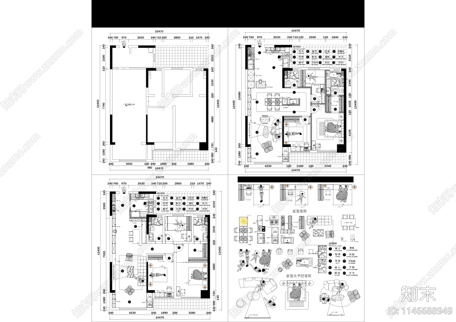 常见中间户布局图库cad施工图下载【ID:1146688949】
