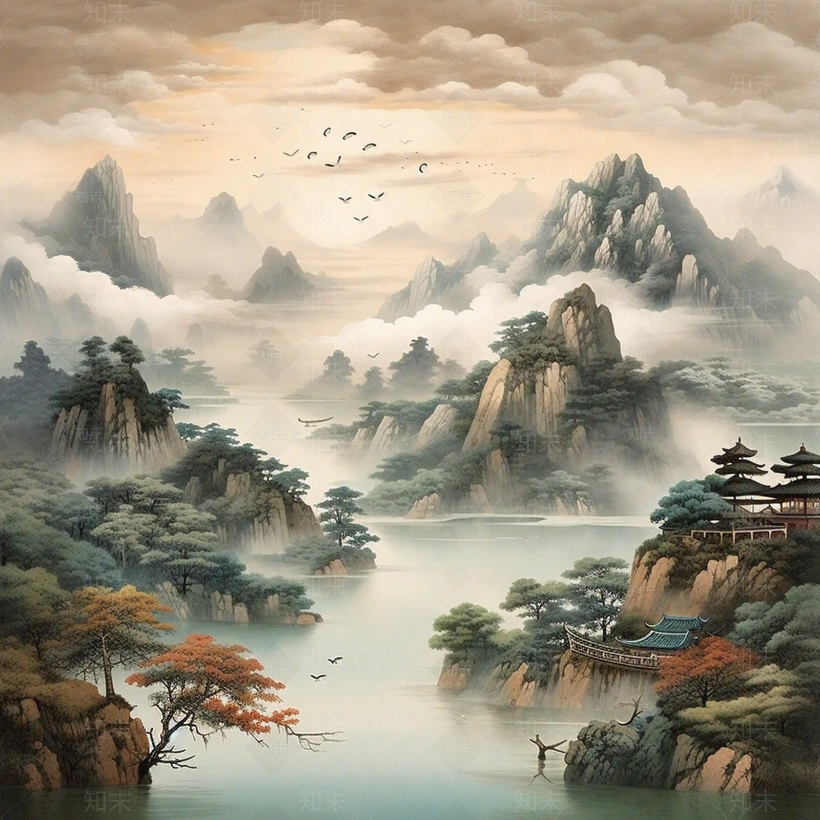 新中式山水禅意墙纸壁纸壁画背景贴图下载【ID:1146691168】