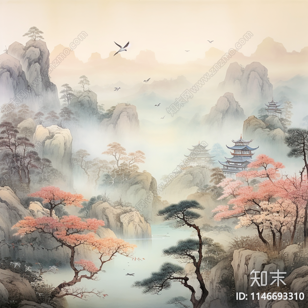 新中式山水禅意墙纸壁纸壁画背景贴图下载【ID:1146693310】