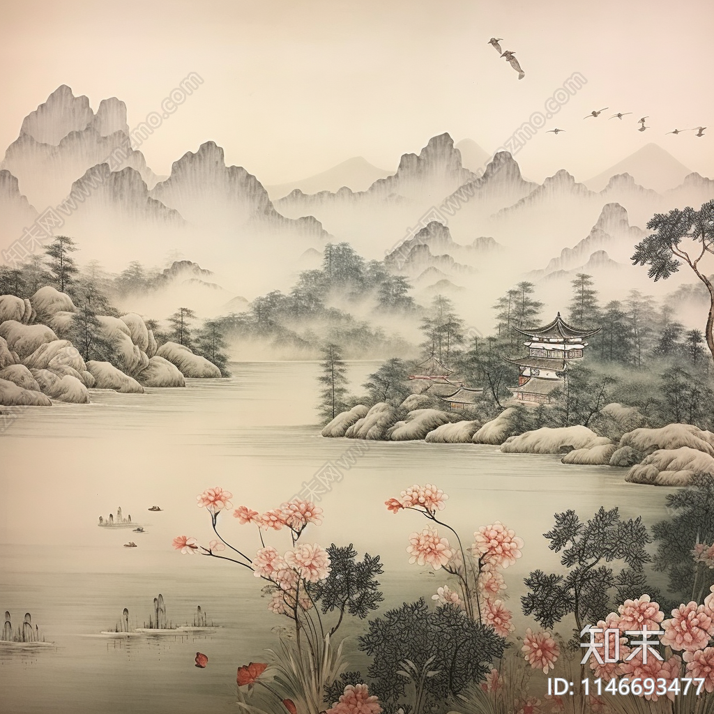 新中式山水禅意墙纸壁纸壁画背景贴图下载【ID:1146693477】