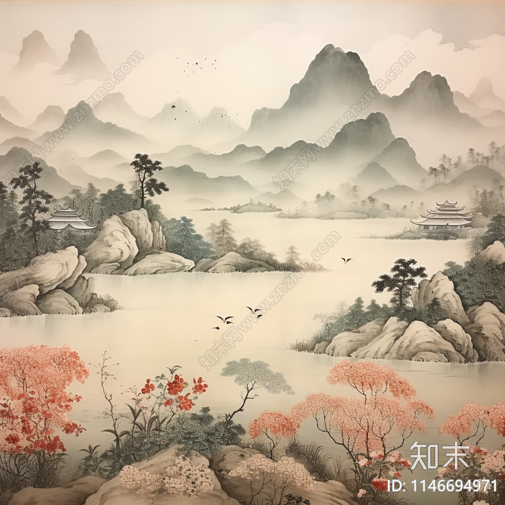 新中式山水禅意墙纸壁纸壁画背景贴图下载【ID:1146694971】