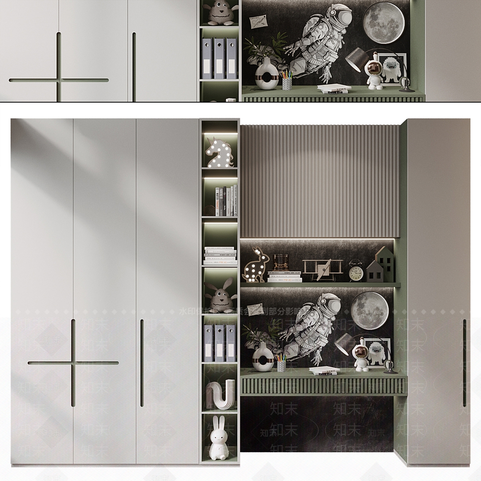 现代儿童一体式书桌衣柜3D模型下载【ID:1146704104】