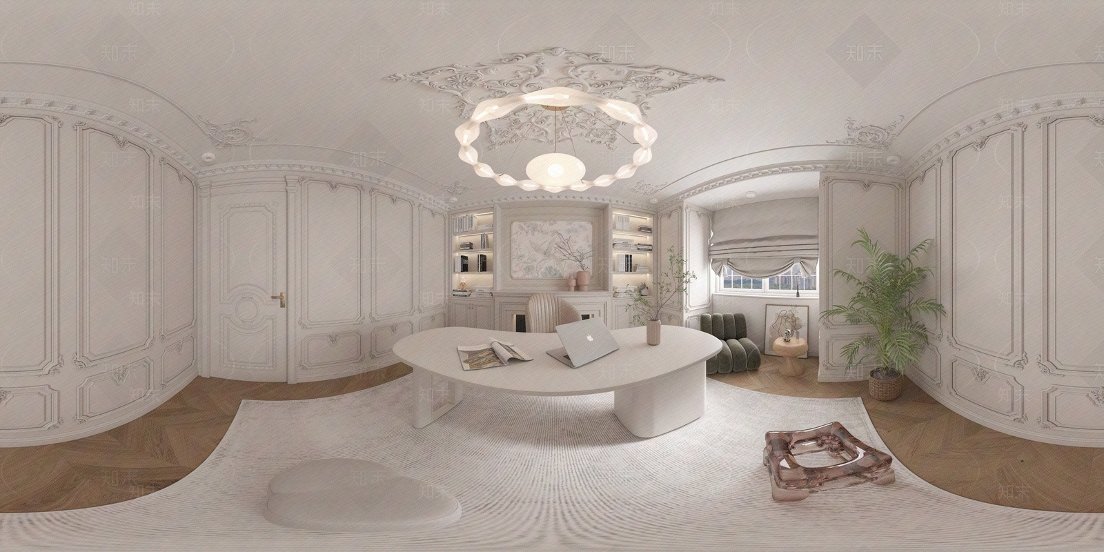 法式奶油风书房全景贴图下载【ID:1146704655】