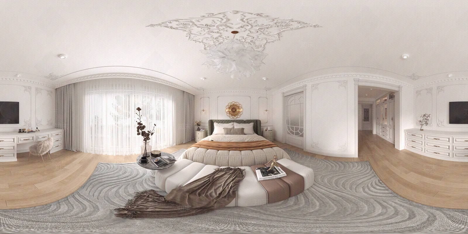 法式奶油风卧室全景贴图下载【ID:1146705142】