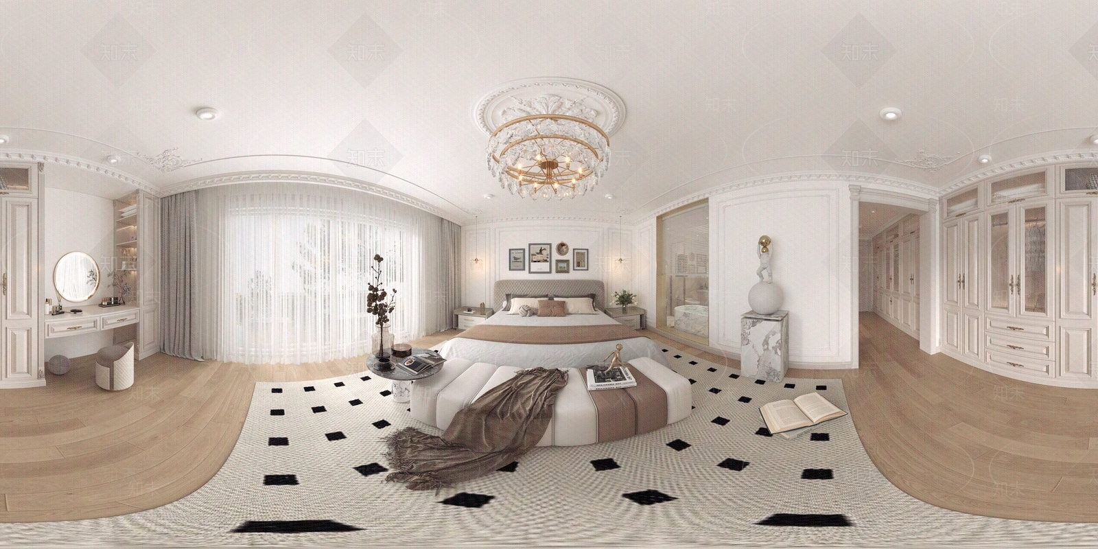 法式奶油风卧室全景贴图下载【ID:1146705671】