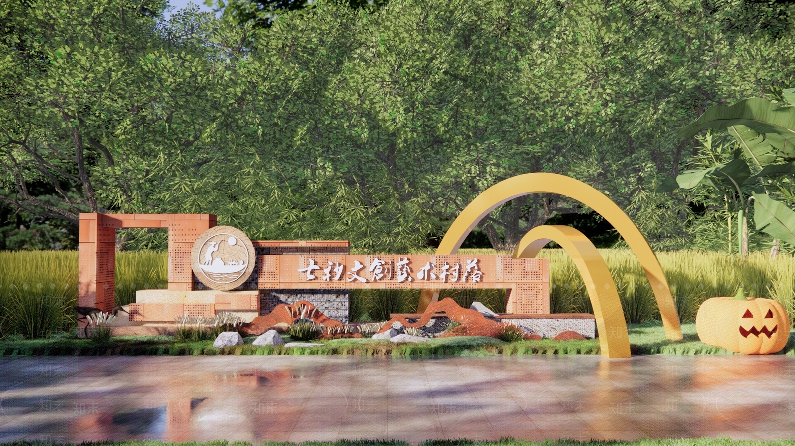 现代入口雕塑景墙SU模型下载【ID:1146710458】