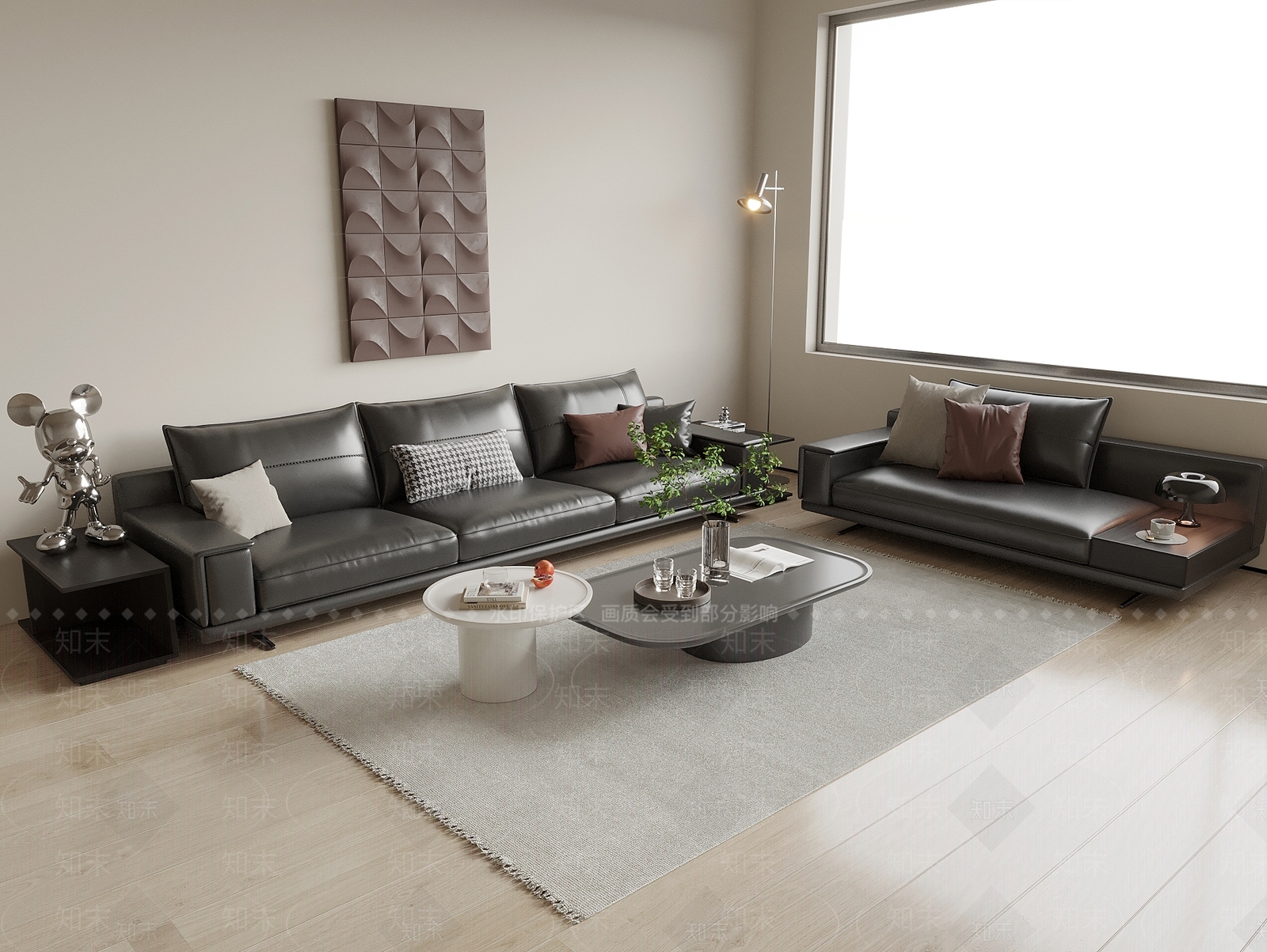 现代皮革沙发茶几组合3D模型下载【ID:1146711982】