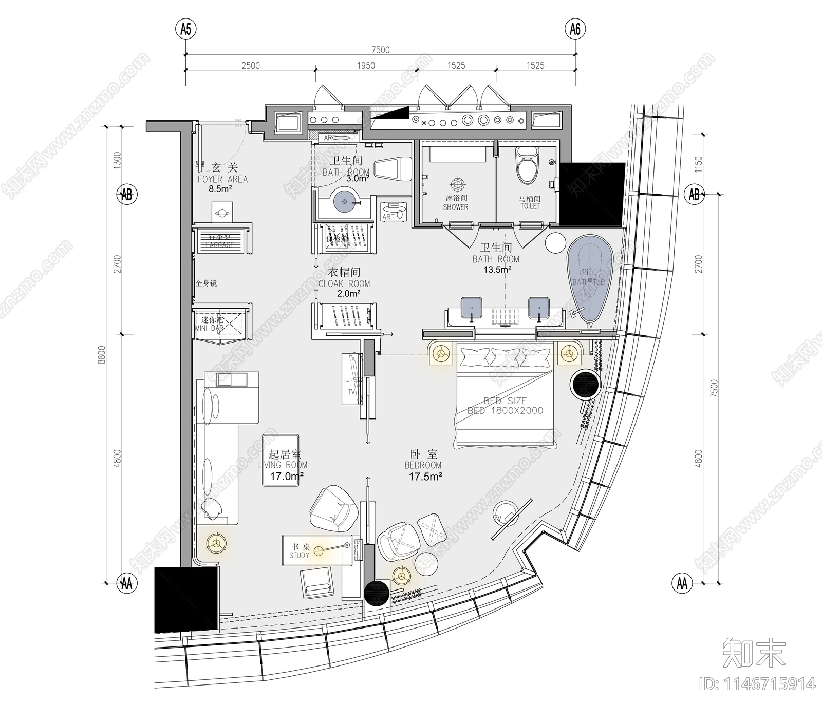 68㎡酒店客房豪华大床房室内施工图下载【ID:1146715914】