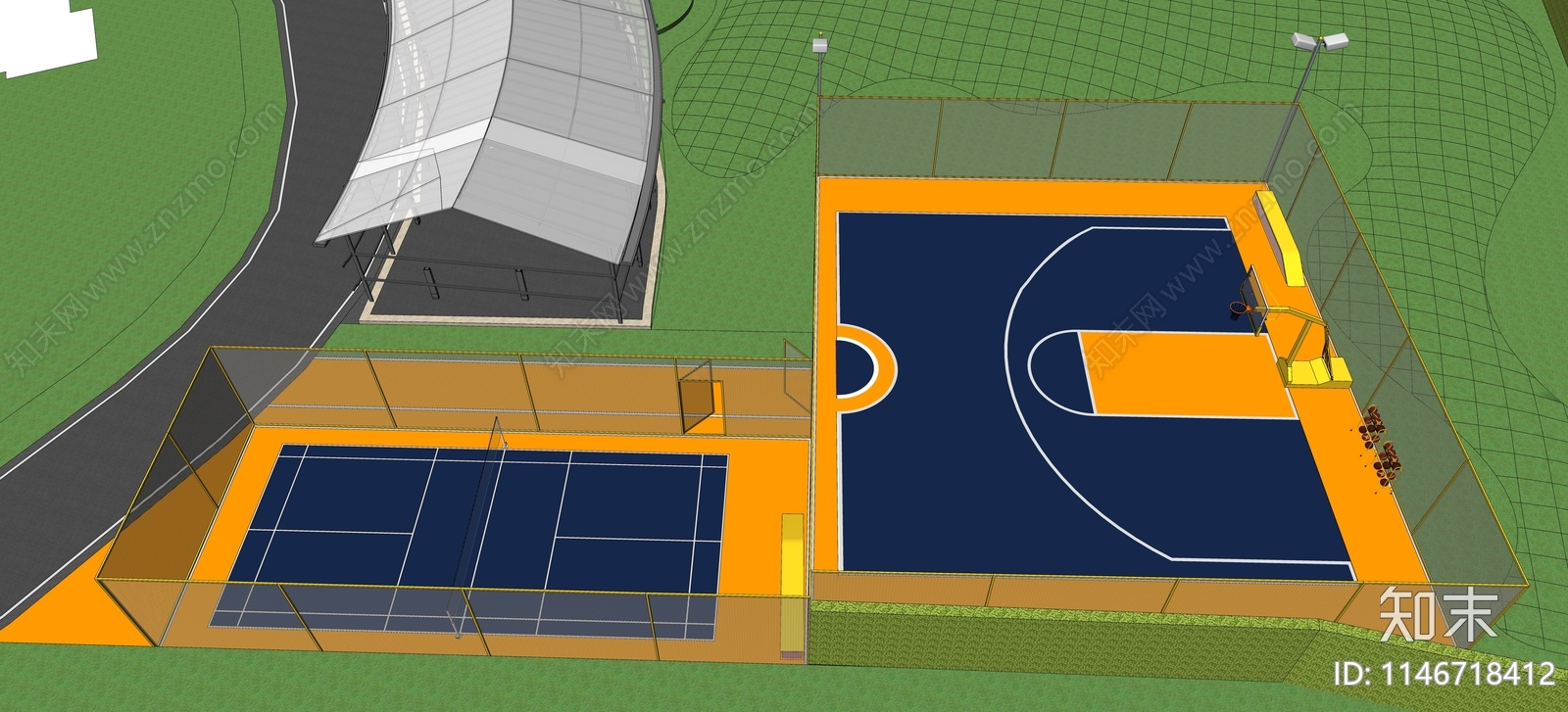 现代篮球场SU模型下载【ID:1146718412】