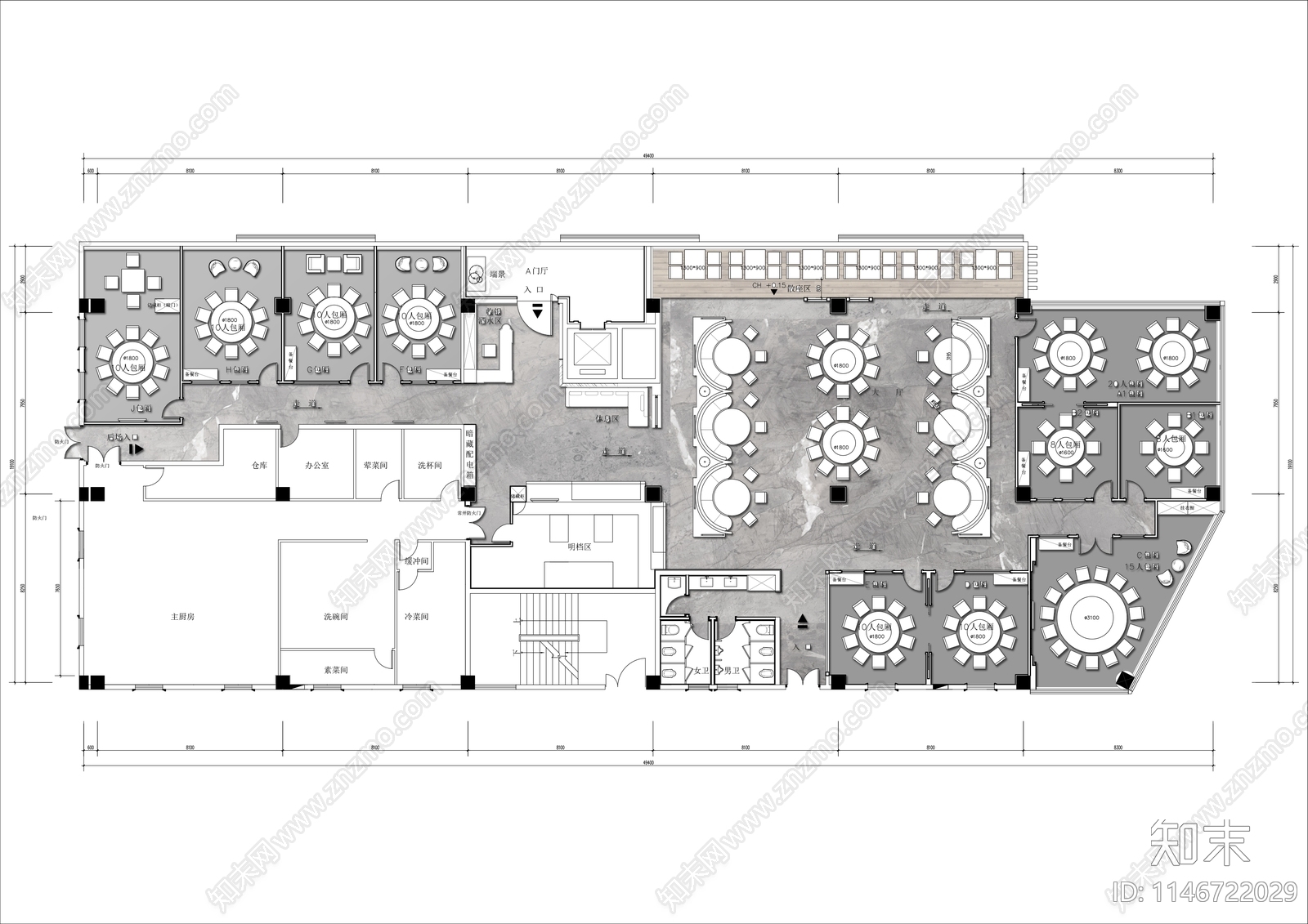 900㎡中式餐厅平面施工图下载【ID:1146722029】