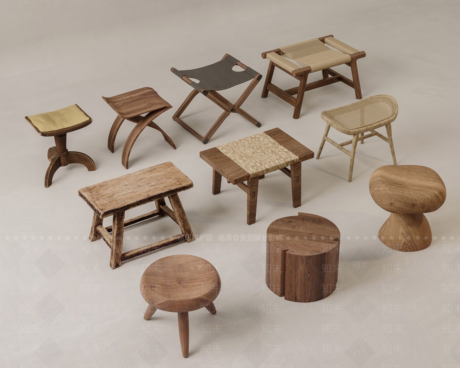 现代原木凳矮凳圆凳方凳组合SU模型下载【ID:1146735481】
