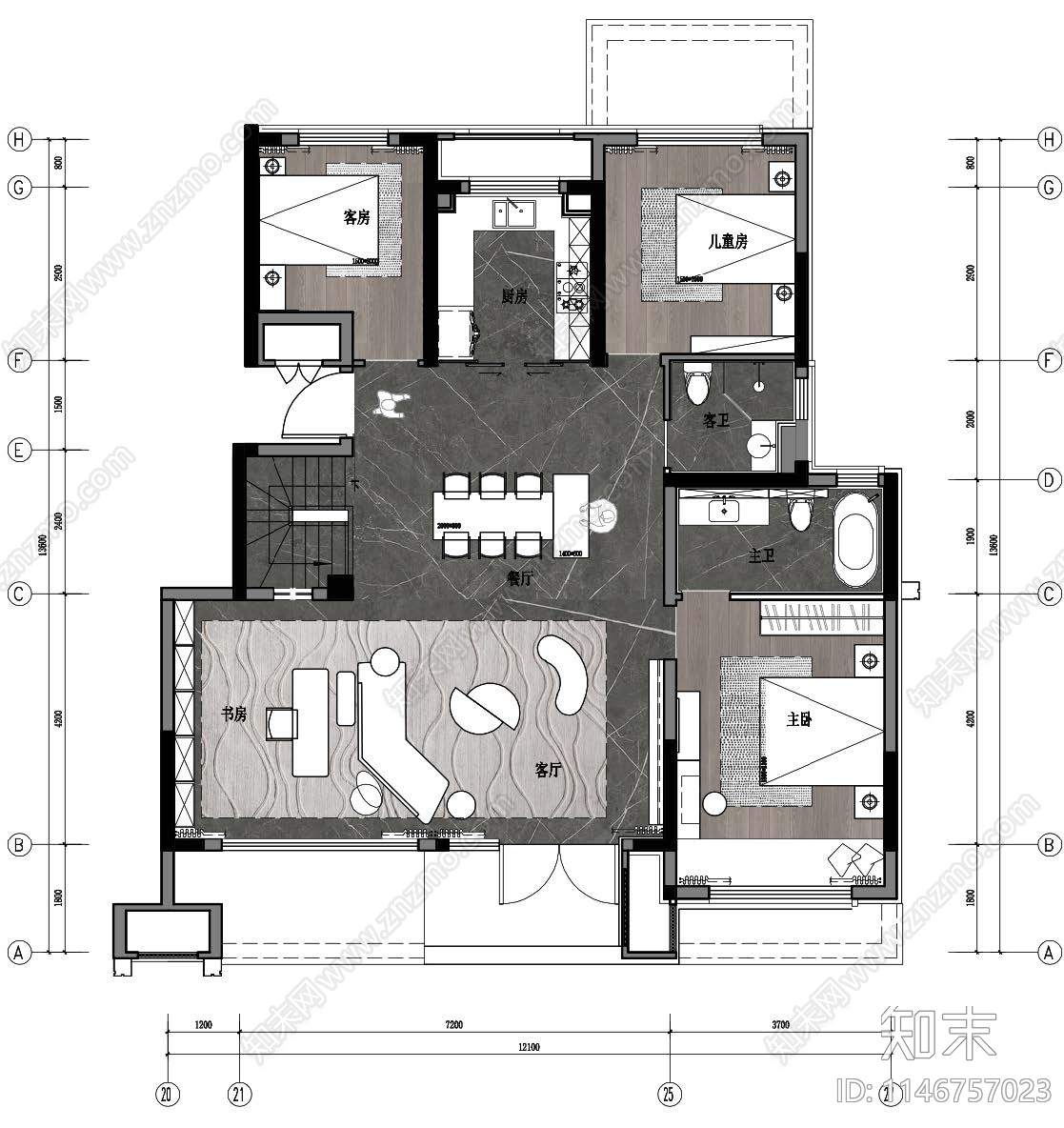 郑州龙湖洋房143下叠样板房室内cad施工图下载【ID:1146757023】