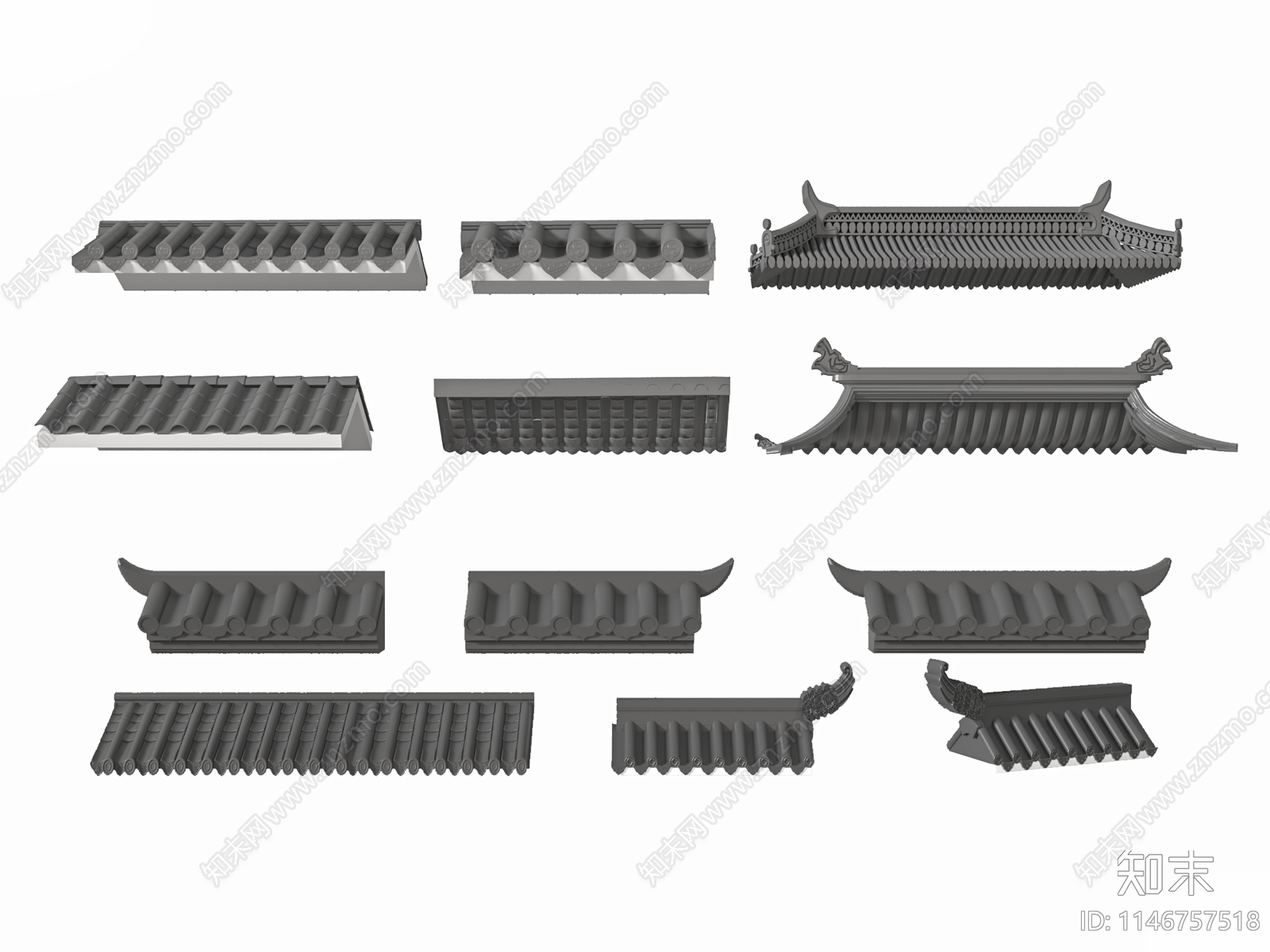 新中式瓦片屋檐组合3D模型下载【ID:1146757518】