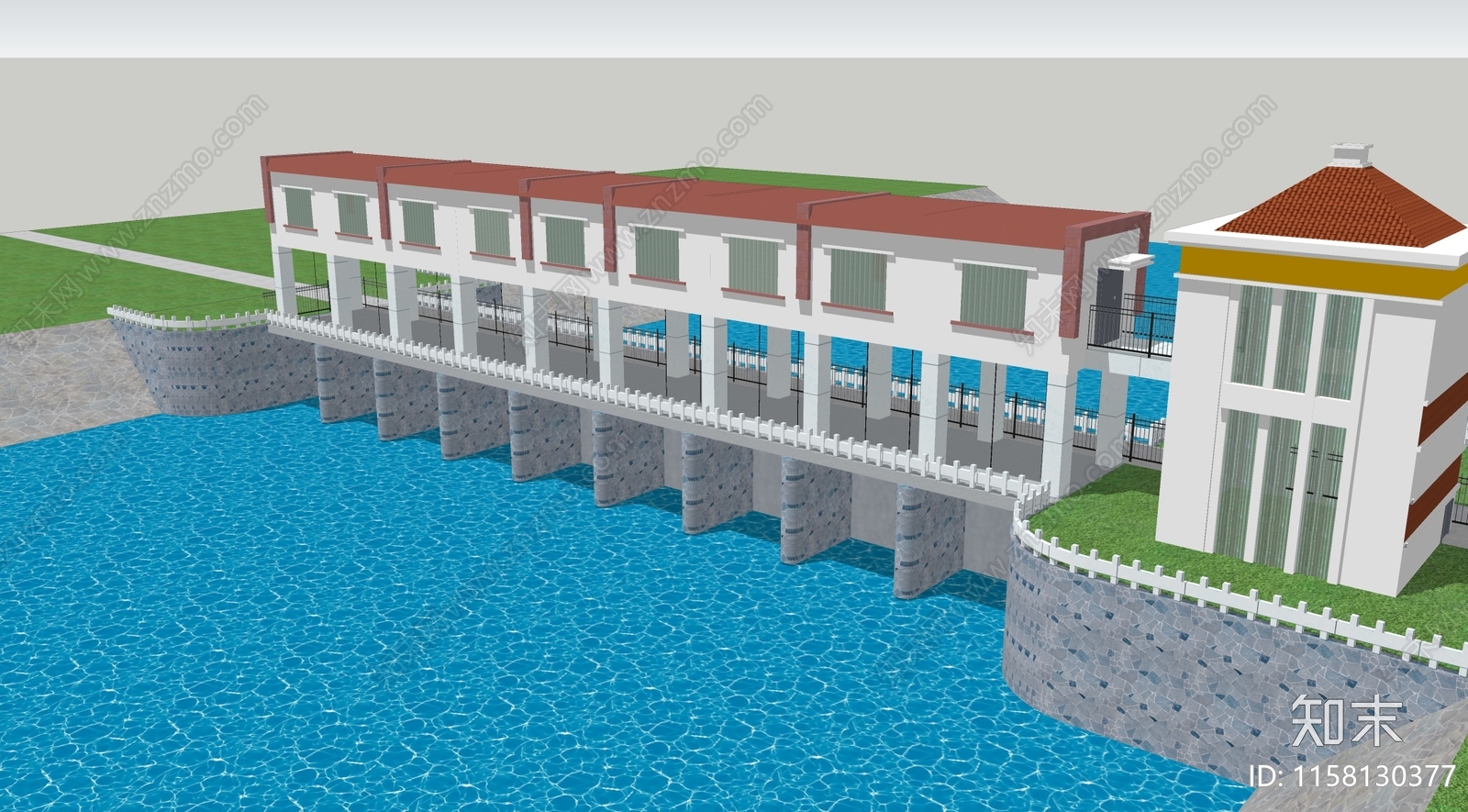 现代水闸外部建筑SU模型下载【ID:1158130377】