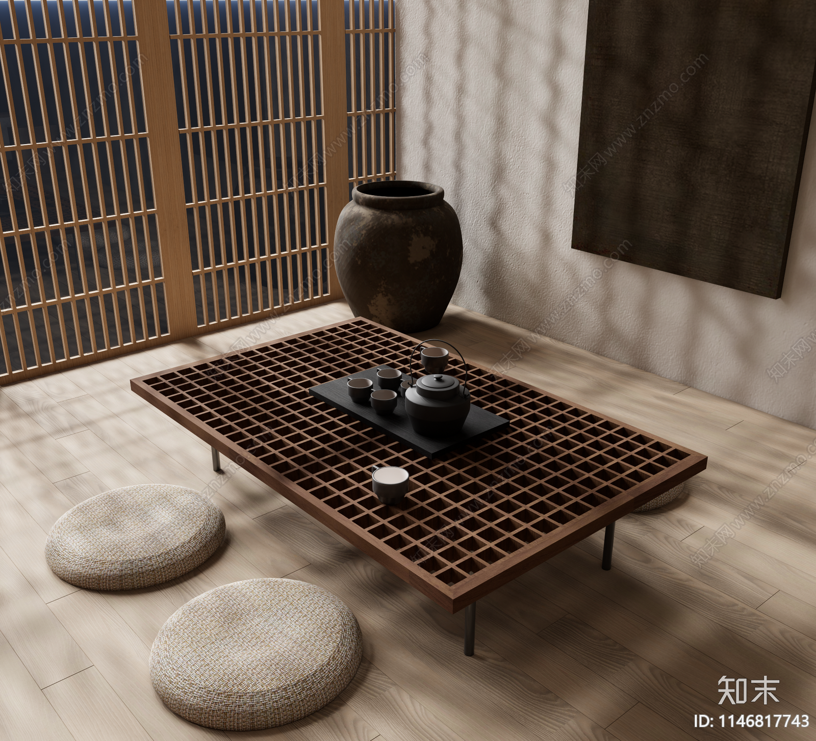 现代榻榻米茶桌椅组合3D模型下载【ID:1146817743】