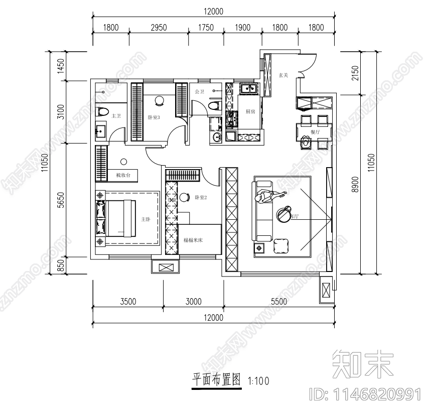 家装平面图cad施工图下载【ID:1146820991】