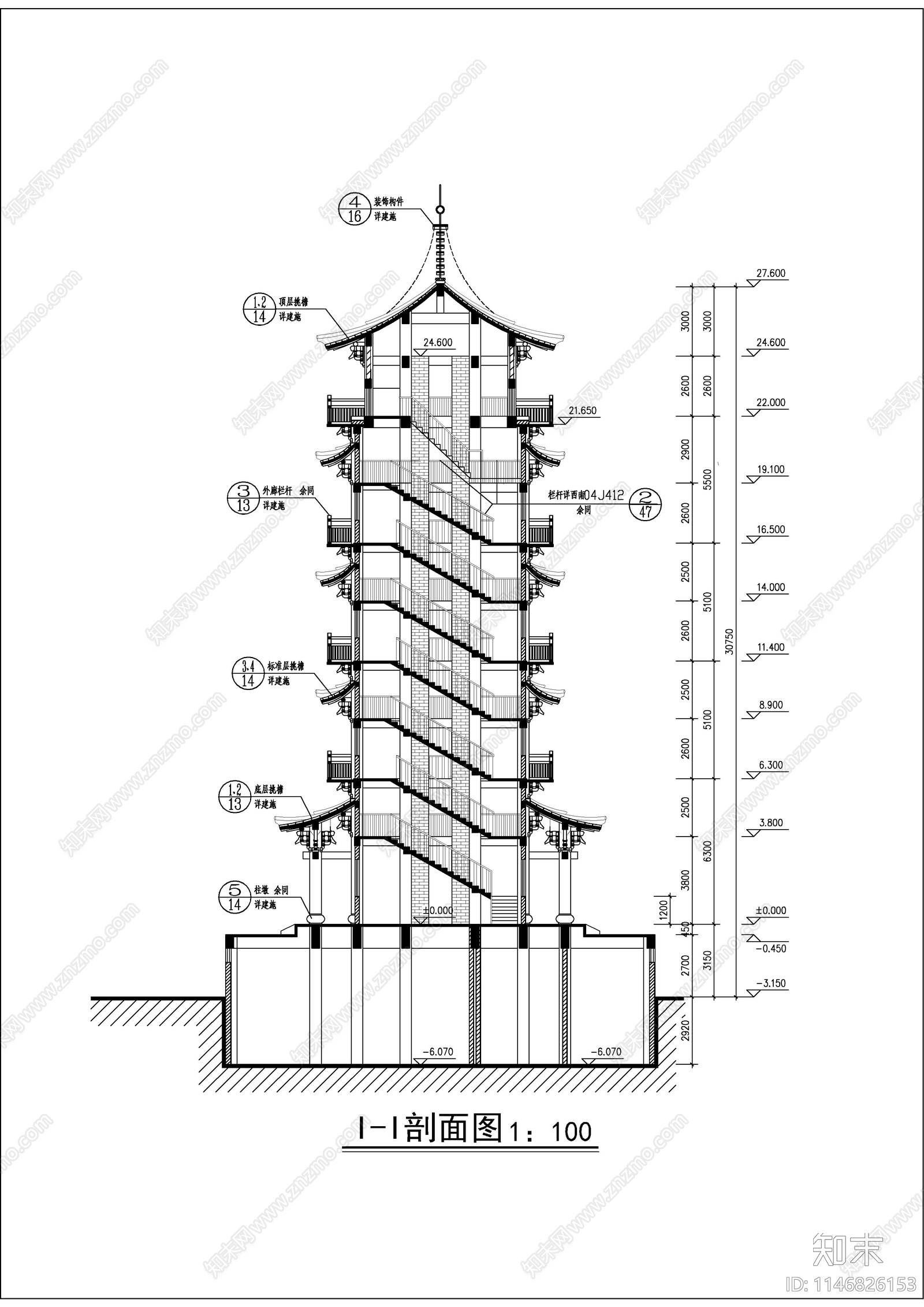 天一阁塔建建筑cad施工图下载【ID:1146826153】