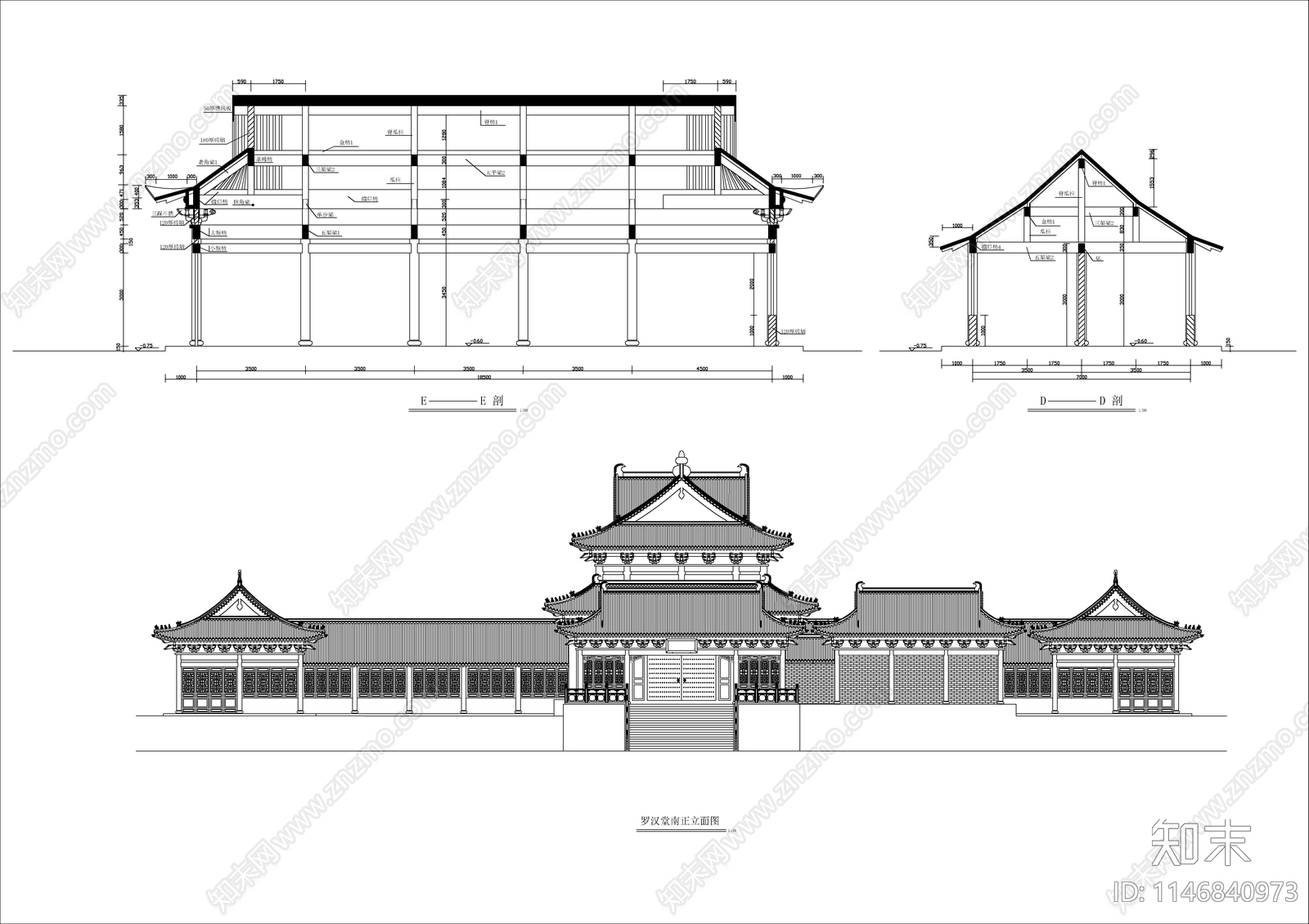 罗汉堂建筑图cad施工图下载【ID:1146840973】