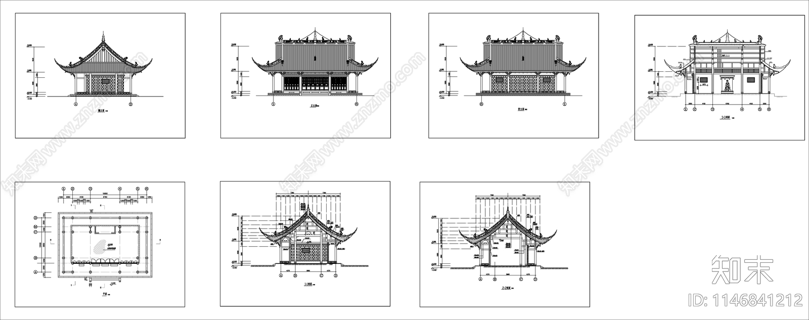 庙宇建筑图cad施工图下载【ID:1146841212】