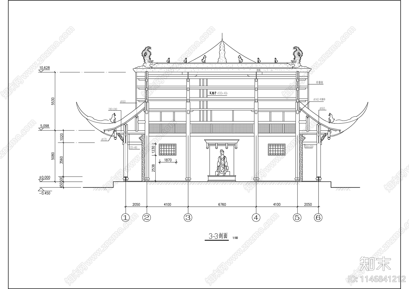 庙宇建筑图cad施工图下载【ID:1146841212】