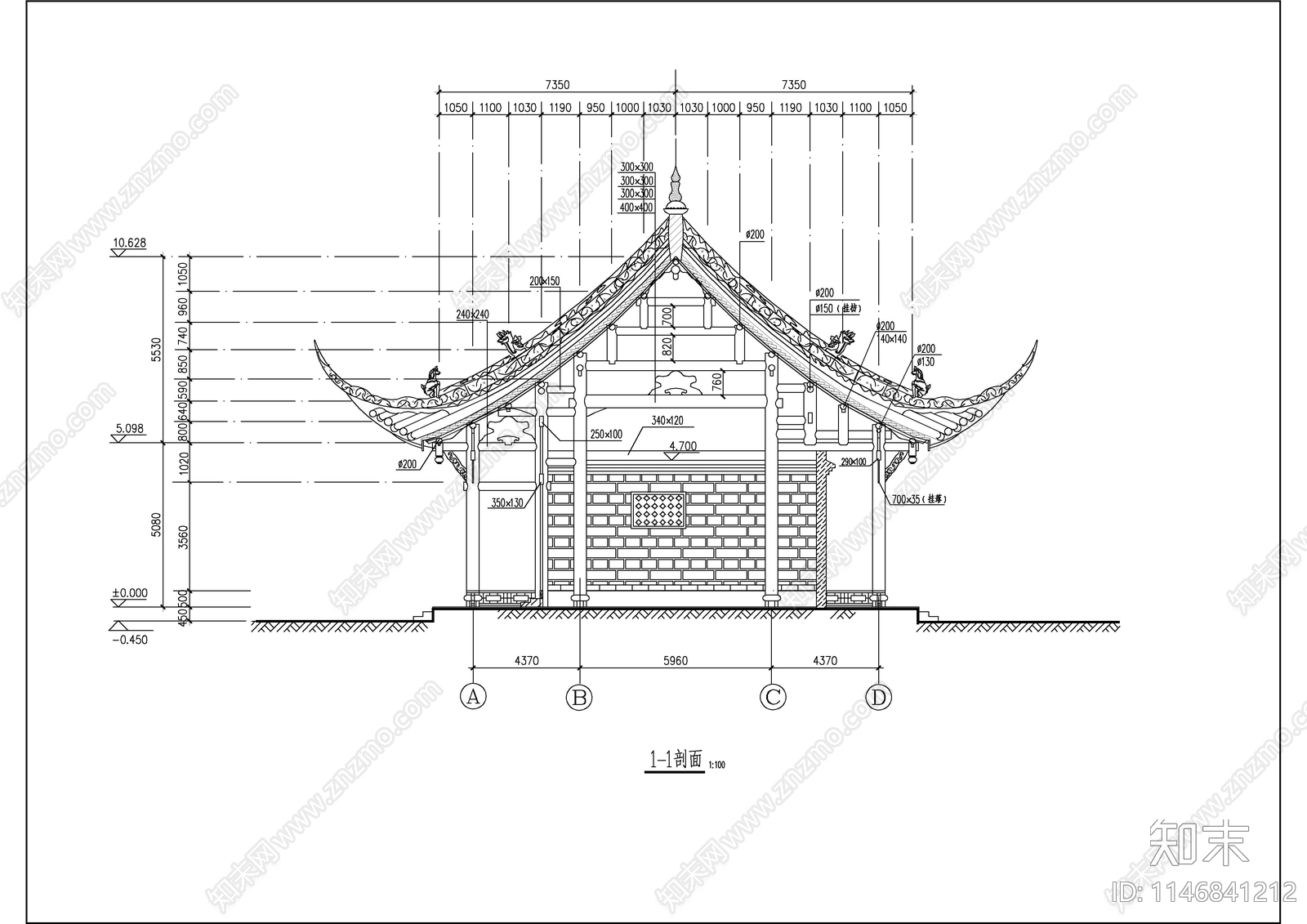 庙宇建筑图cad施工图下载【ID:1146841212】