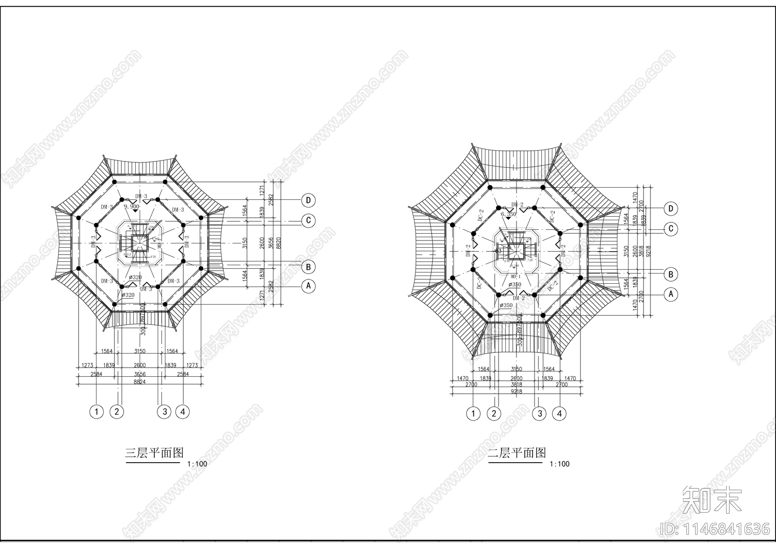 七层古塔建筑cad施工图下载【ID:1146841636】