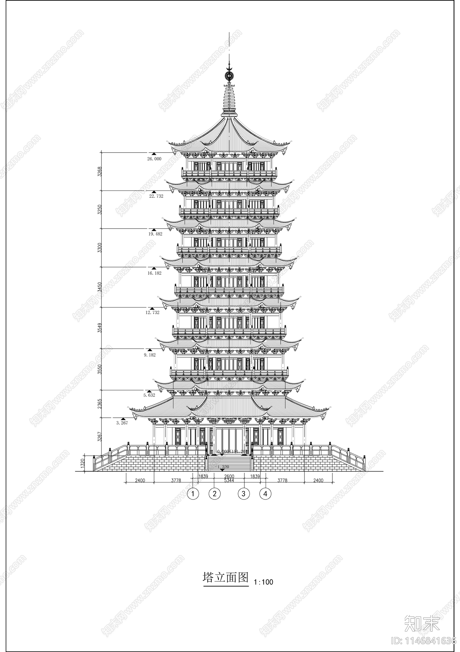 七层古塔建筑cad施工图下载【ID:1146841636】