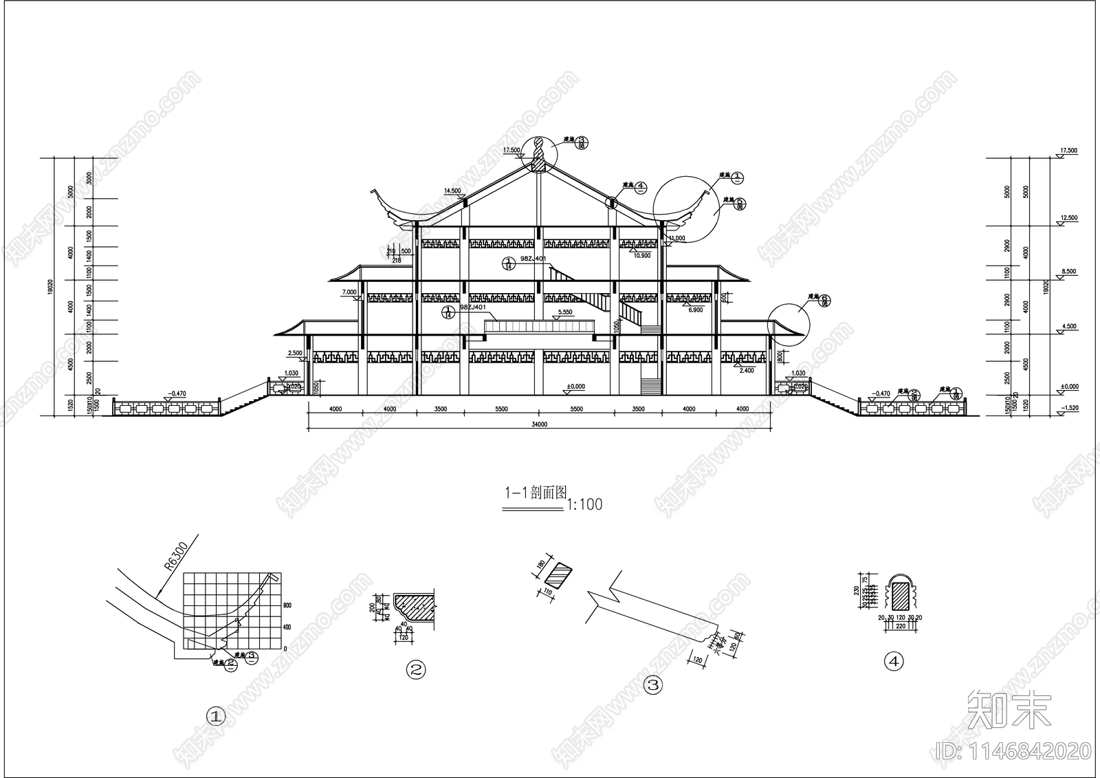 三层古建建筑cad施工图下载【ID:1146842020】