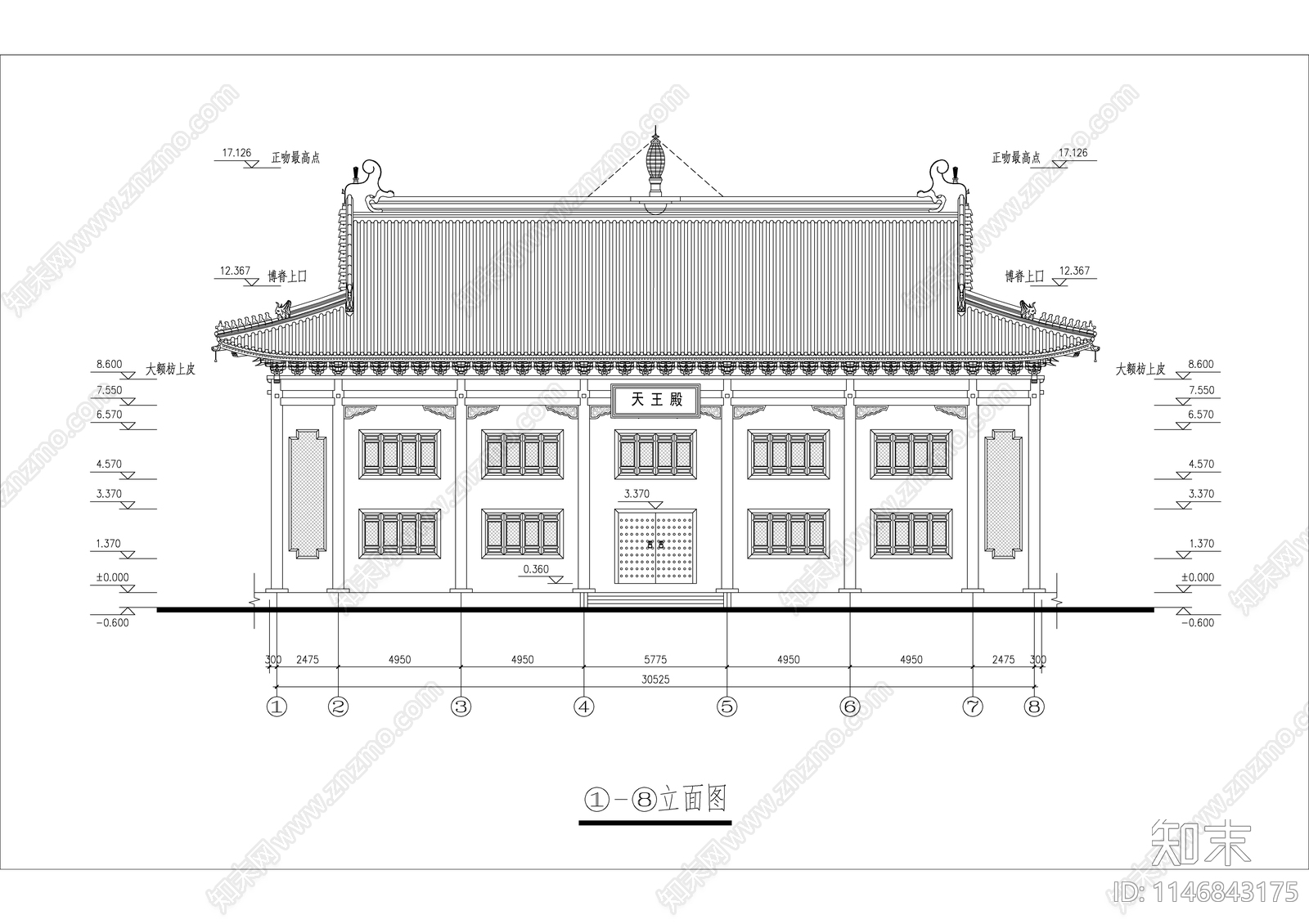 洗心禅寺天王殿cad施工图下载【ID:1146843175】